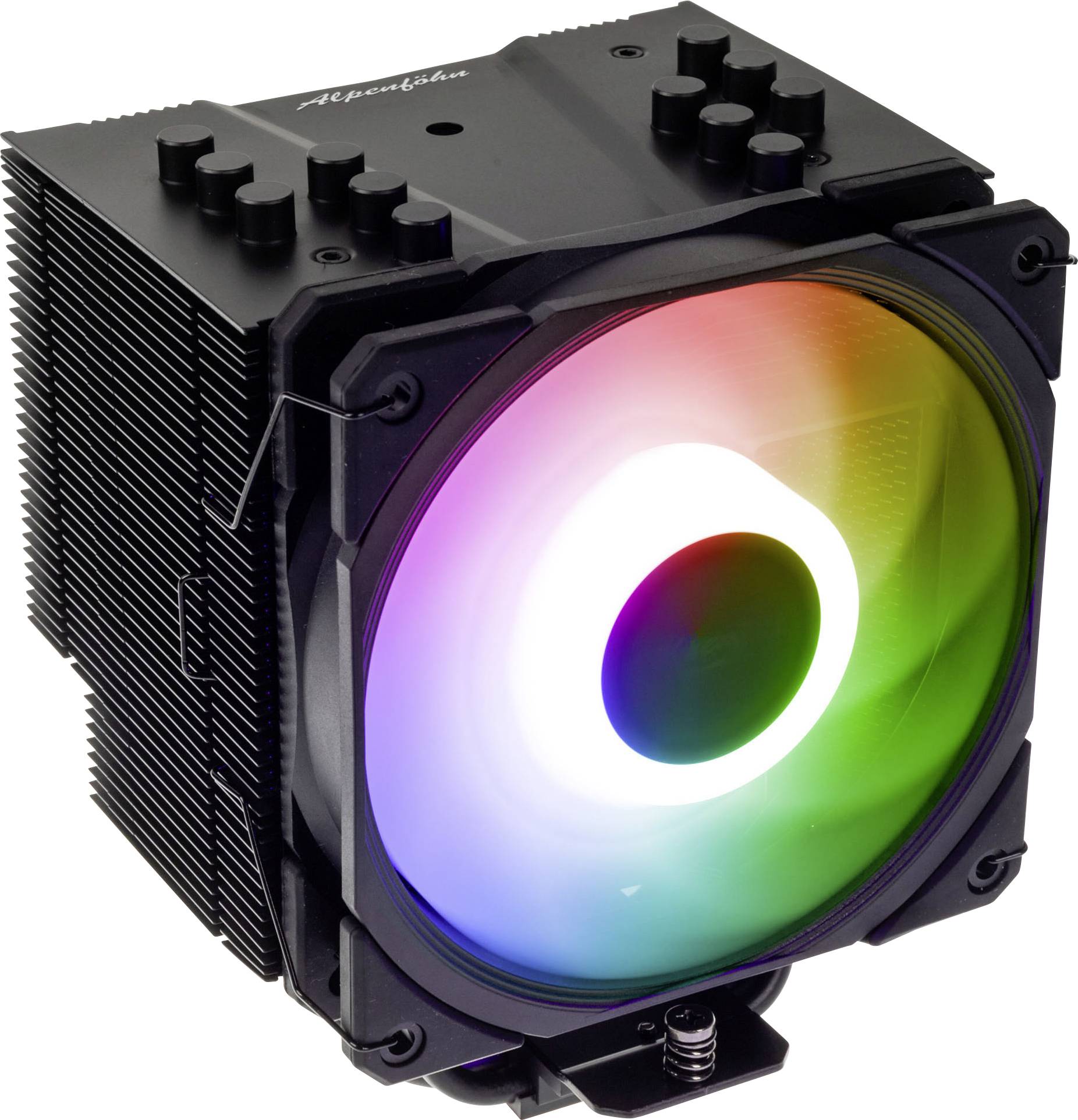 Ein schwarzer Computer-CPU-Kühler mit einem mehrfarbigen LED-Lüfter, der ein Spektrum von Rot bis Grün präsentiert. Der Kühlkörper verfügt über mehrere Kühlrippen.