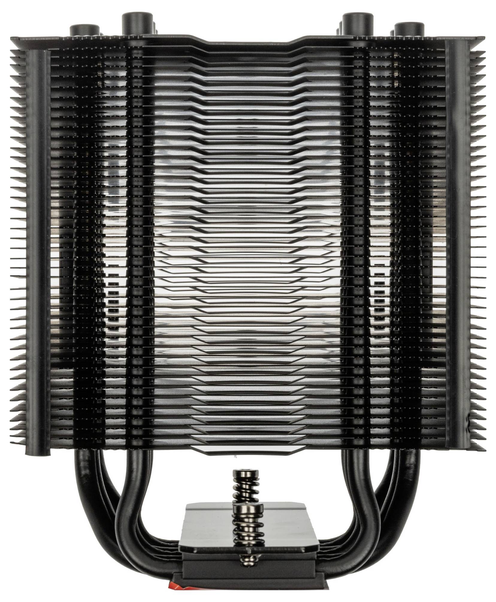 Ein schwarzer CPU-Kühler mit vertikalen Kühlrippen und Heatpipes, der entwickelt wurde, um Wärme effektiv abzuleiten.