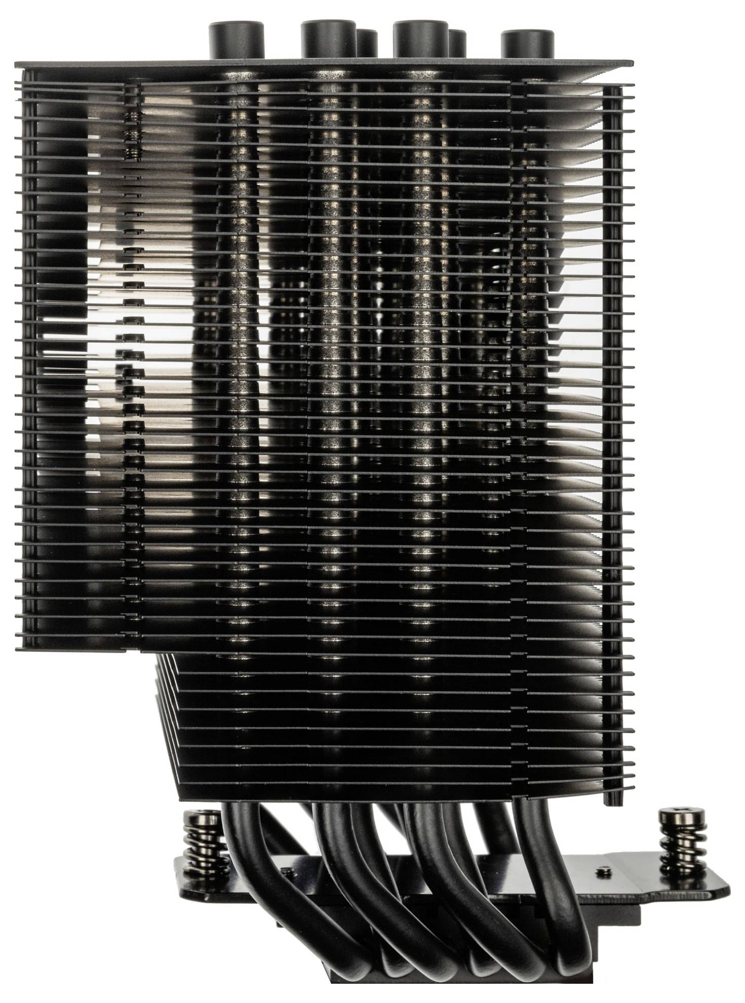 Ein schwarzer CPU-Kühler mit mehreren Heatpipes und einer dichten Anordnung von Kühlrippen, der für eine effiziente Wärmeableitung in Computersystemen konzipiert ist.