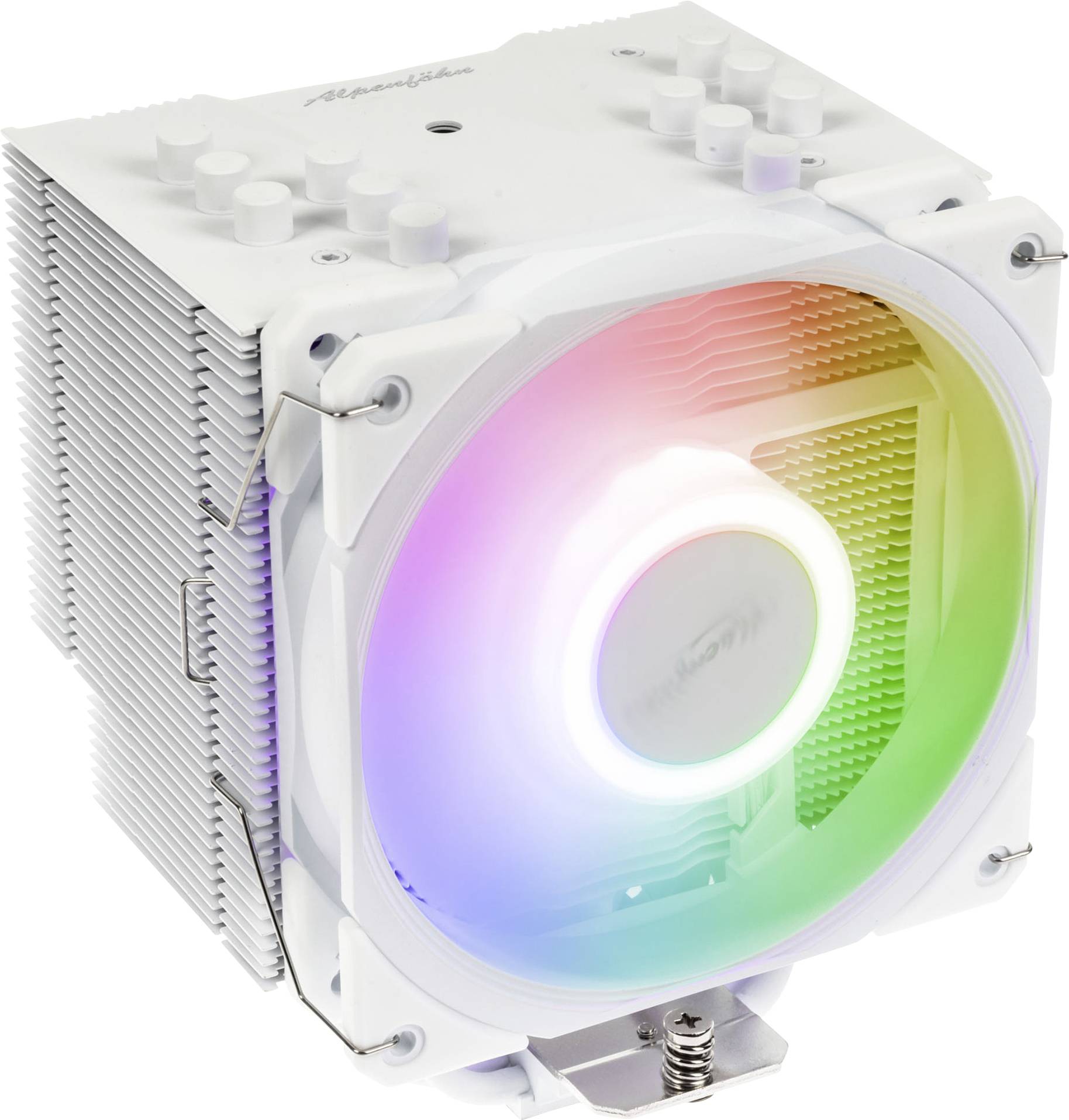Ein weißer CPU-Kühler für Computer mit einem zentralen Lüfter, der bunte RGB-Beleuchtung aufweist und für eine effiziente Wärmeableitung in PCs konzipiert ist.
