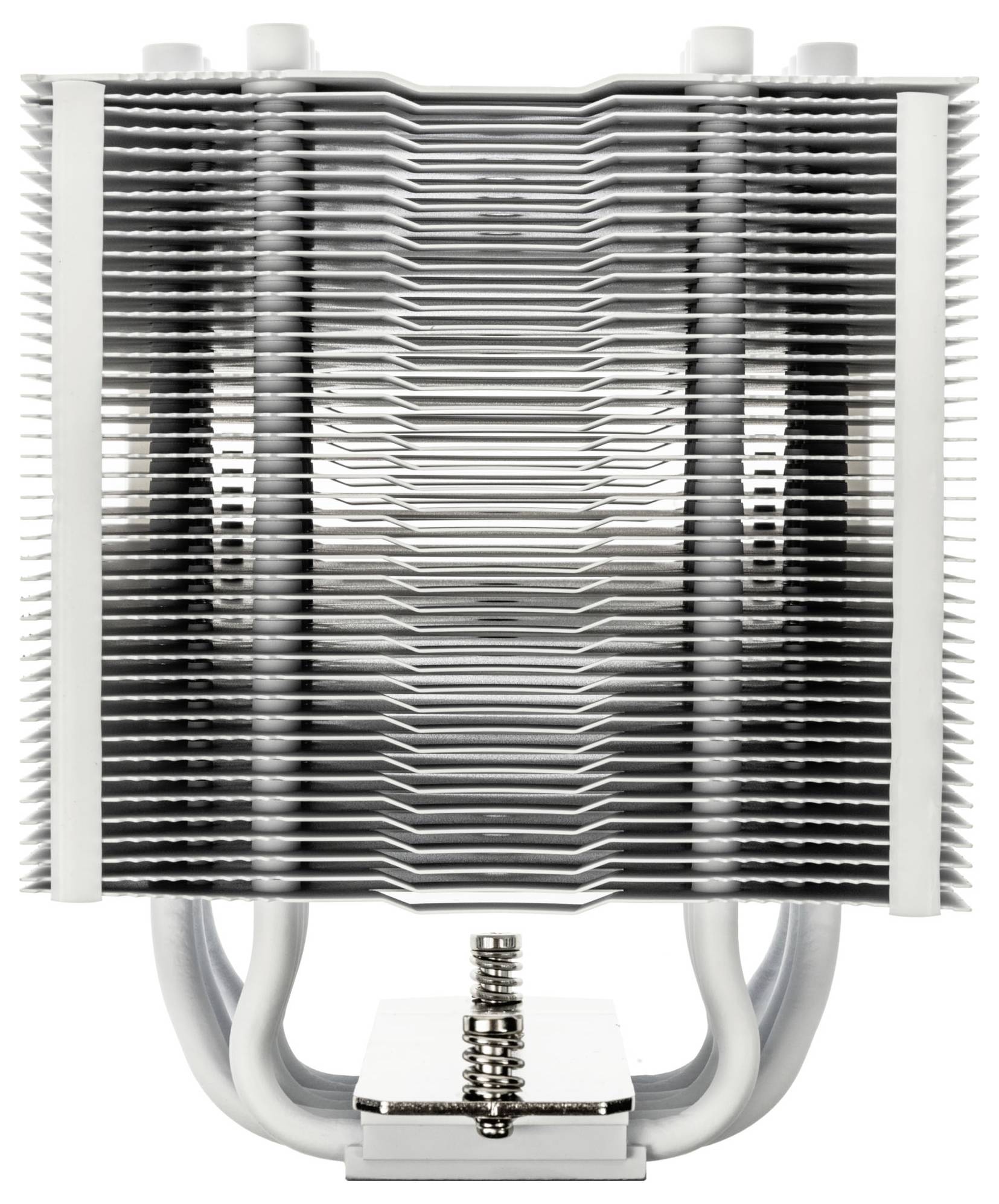 Eine vertikale Ansicht eines silbernen CPU-Kühlers mit mehreren dünnen Metalllamellen und zwei weißen Hitzepipes, die aus der Basis herausragen, entwickelt zur Kühlung.