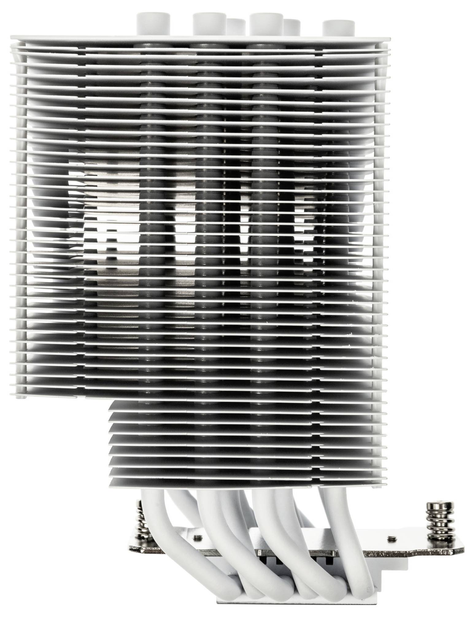 Ein großer metallischer CPU-Kühler mit mehreren silbernen Kühlrippen und weißen Heatpipes, entwickelt zur Wärmeableitung von elektronischen Komponenten.