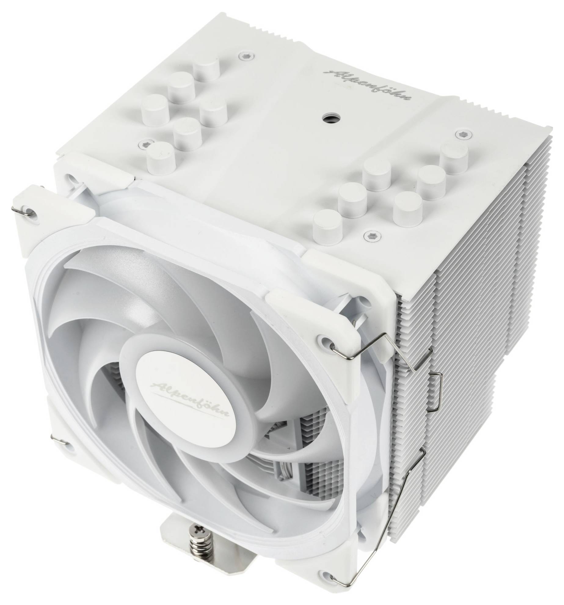 Ein weißer Computer-CPU-Kühler mit einem großen Lüfter und Kühlkörper, entwickelt für eine effiziente Wärmeableitung in Computersystemen.