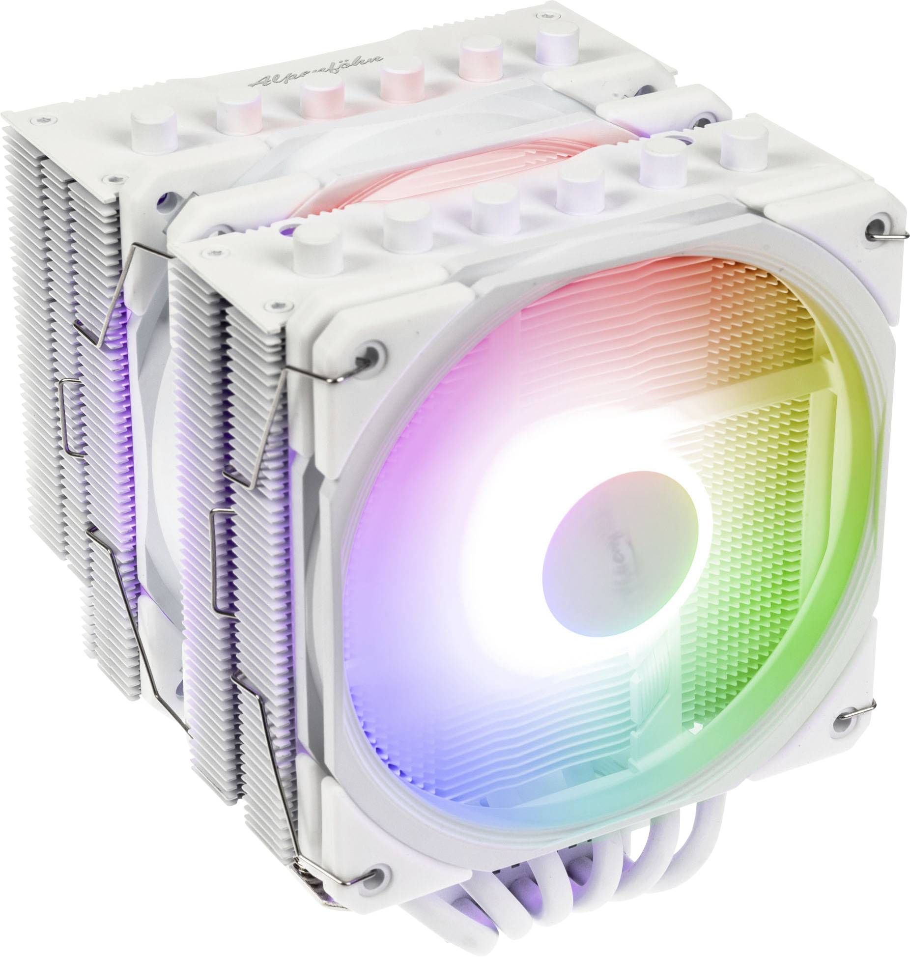 Ein weißer CPU-Kühler mit doppelten Kühlrippen und einem Lüfter, beleuchtet von einem Farbverlauf von RGB-Lichtern, entwickelt für thermisches Management von Computern.