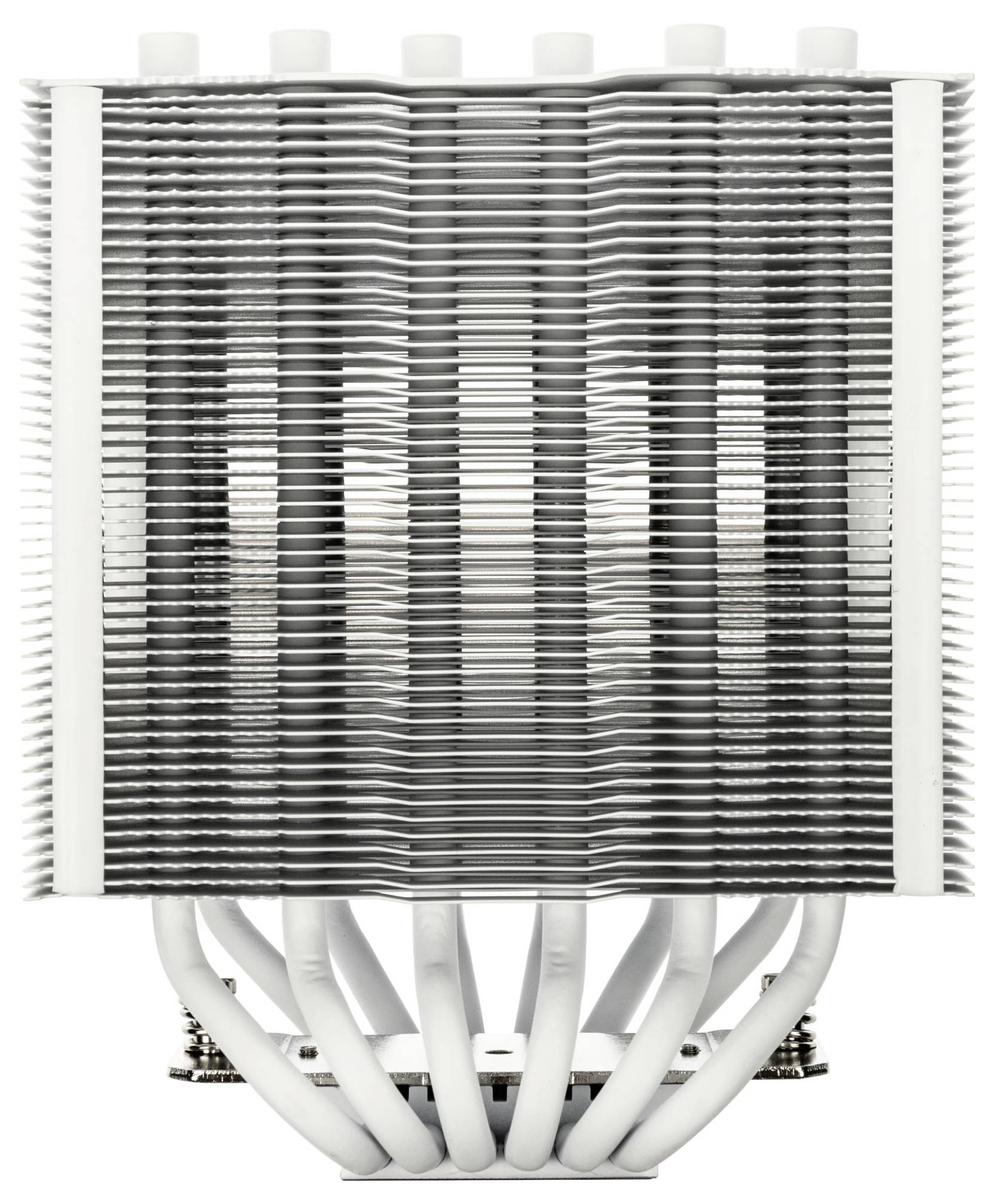 Ein Metall-CPU-Kühler mit mehreren Heatpipes und Kühlrippen, der zur Wärmeableitung konstruiert ist. Von vorne gesehen, wobei seine Struktur deutlich sichtbar ist.