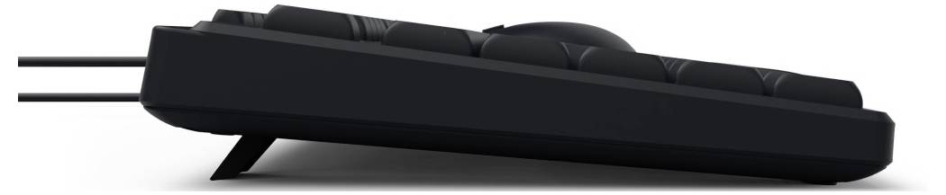 Seitliche Ansicht einer schwarzen Computermaus in geneigter Position mit beleuchtetem Scrollrad und zwei Kabelanschlüssen.