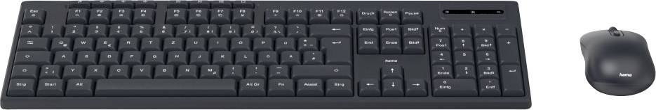 Schwarze kabellose Tastatur und Maus-Set auf weißem Hintergrund.