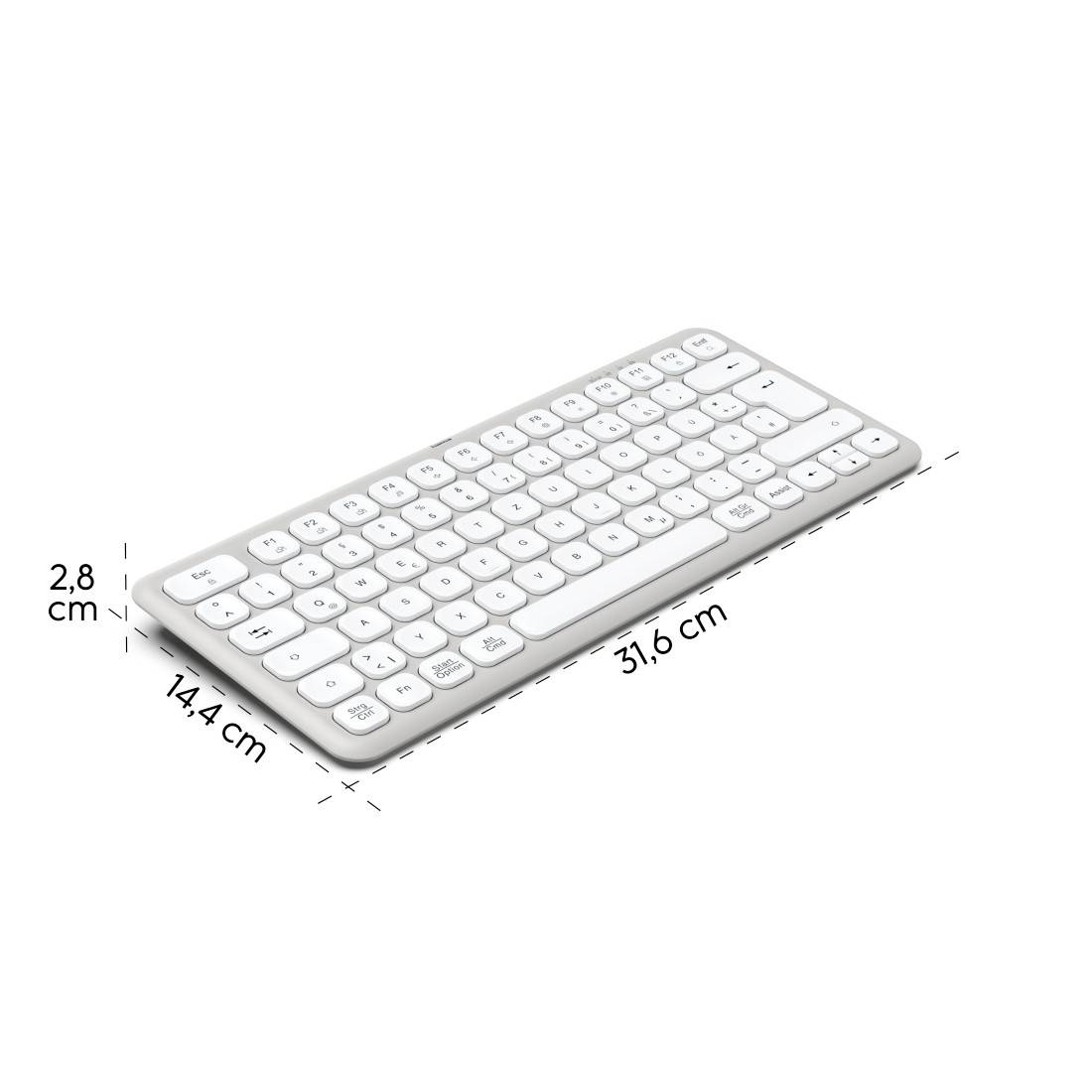 Elegante, flache, weiße kabellose Tastatur aus Kunststoff mit abgerundeten Ecken. Maße: 31,6 cm x 14,4 cm x 2,8 cm.