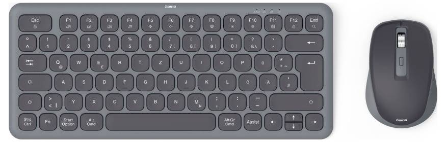 Kabellose Tastatur und Maus in Dunkelgrau. Die Tastatur hat runde Tasten, während die Maus ein schlankes, minimalistisches Design aufweist.