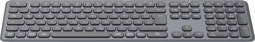 Eine kabellose, schwarze Tastatur mit vollständigem Layout inklusive Ziffernblock, ideal für Büroarbeiten.
