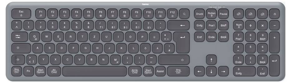 Schwarze, kabellose Tastatur auf grauem Hintergrund; vollständiges Layout mit Ziffernblock; 12 Funktionstasten oben; schlankes Design.