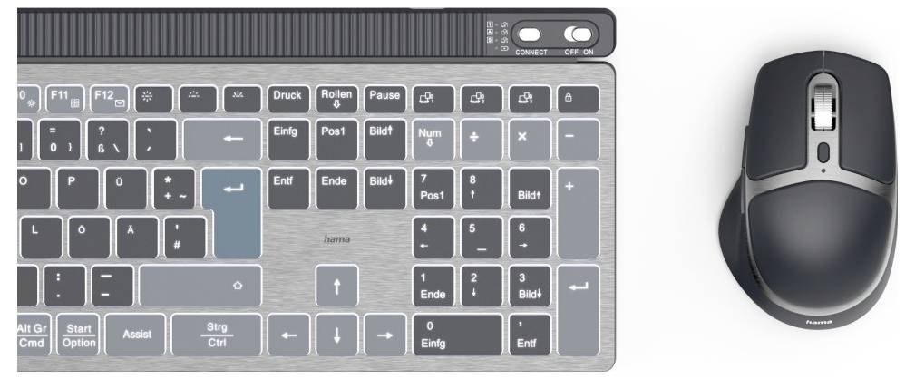 Tastatur mit Ziffernblock links, spezielle Funktionstasten und eine kabellose Computermaus rechts. Modernes, ergonomisches Design.