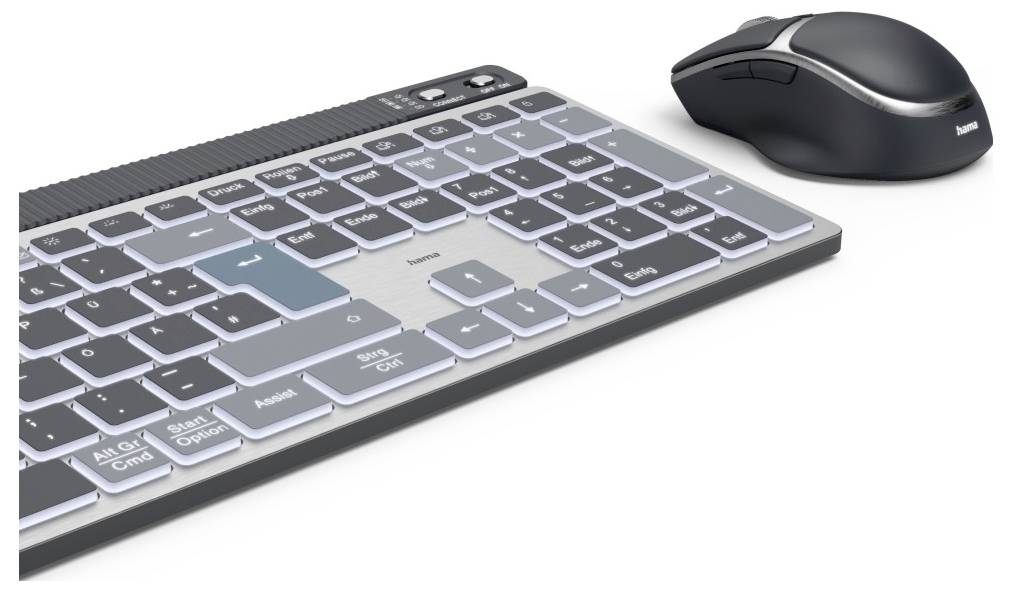 Kabellose Tastatur und Maus auf weißem Hintergrund. Die Tastatur hat spezielle Beschriftungen auf den Tasten.