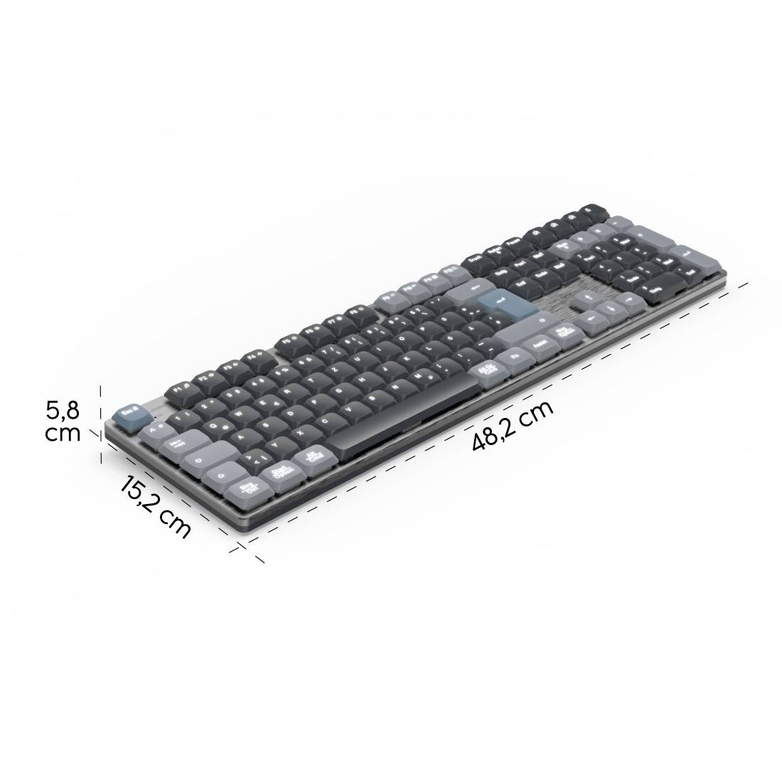 Computertastatur mit den Maßen 15,2 cm Breite, 48,2 cm Länge und 5,8 cm Höhe. Die Tasten sind größtenteils schwarz und grau.