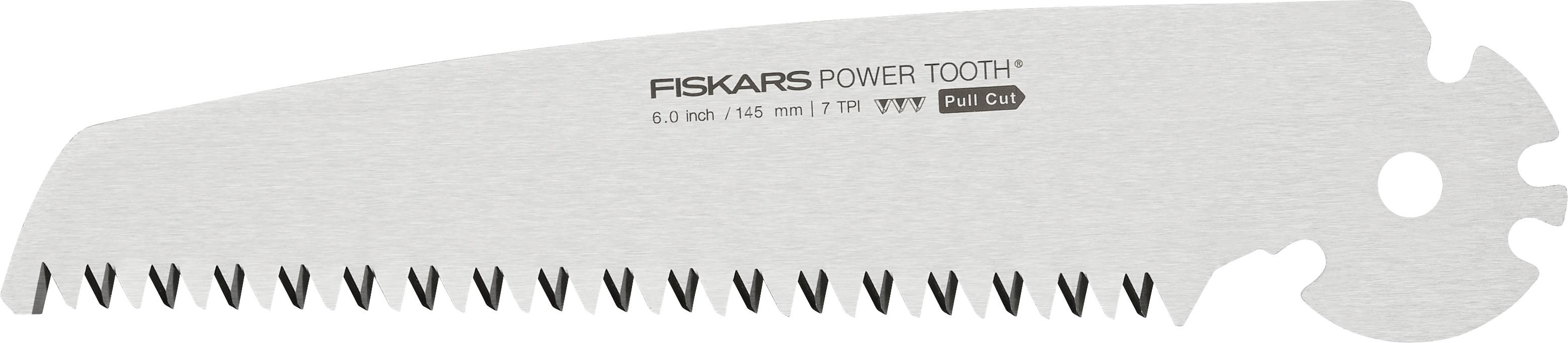 Sägeblatt mit der Aufschrift 'Fiskars Power Tooth'. Es ist für Zugschneiden konzipiert und zeigt eine gezackte Kante.