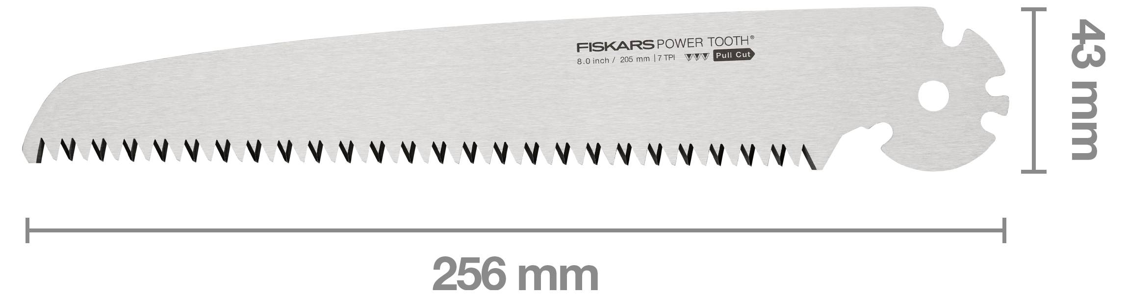 Säbelsägeblatt von Fiskars, Länge 256 mm, Höhe 43 mm, geeignet für kraftvolle Sägetätigkeiten.