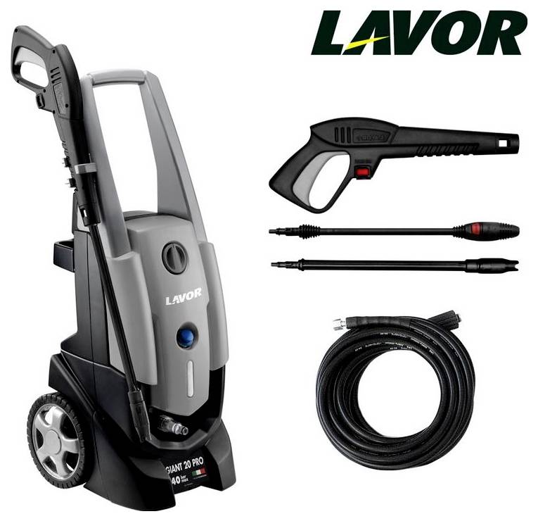 Hochdruckreiniger mit Zubehör: Pistole, Düsen und Schlauch. Produktmarke 'Lavor' ist oben rechts abgebildet.