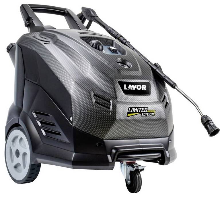 Hochdruckreiniger von Lavor, Limited Edition, schwarz und grau, mit großen Rädern und Schlauchaufsatz oben.