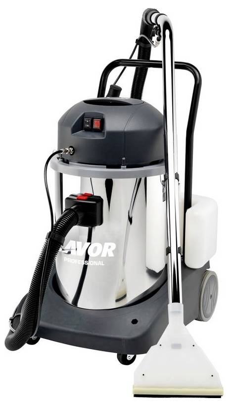 Industriesauger mit Metallgehäuse, zwei Schläuchen und Griff. Geeignet für professionelle Reinigung.