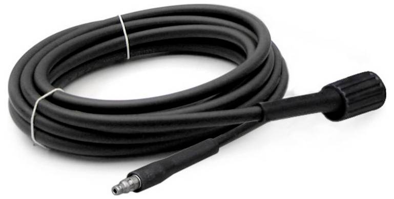 Schwarzer Hochdruckschlauch mit Metallanschluss und geriffeltem Griff, aufgerollt. Geeignet für Reinigungsgeräte oder Drucksysteme.