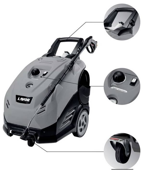 Grauer Hochdruckreiniger mit schwarzem Griff und Rädern. Nahaufnahmen von Bedienelementen und Schlauchanschluss sind hervorgehoben.