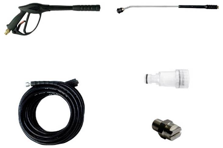 Set bestehend aus Spritzpistole, Lanze, Schlauch und Adapter für Hochdruckreiniger. Zubehör zur effizienten Reinigung.