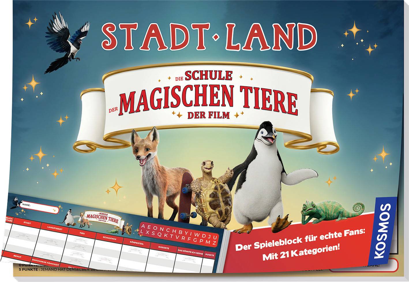 'Stadt-Land: Die Schule der magischen Tiere' Brettspiel. Zeigt Charaktere: Fuchs, Pinguin. 21 Kategorien für Fans.