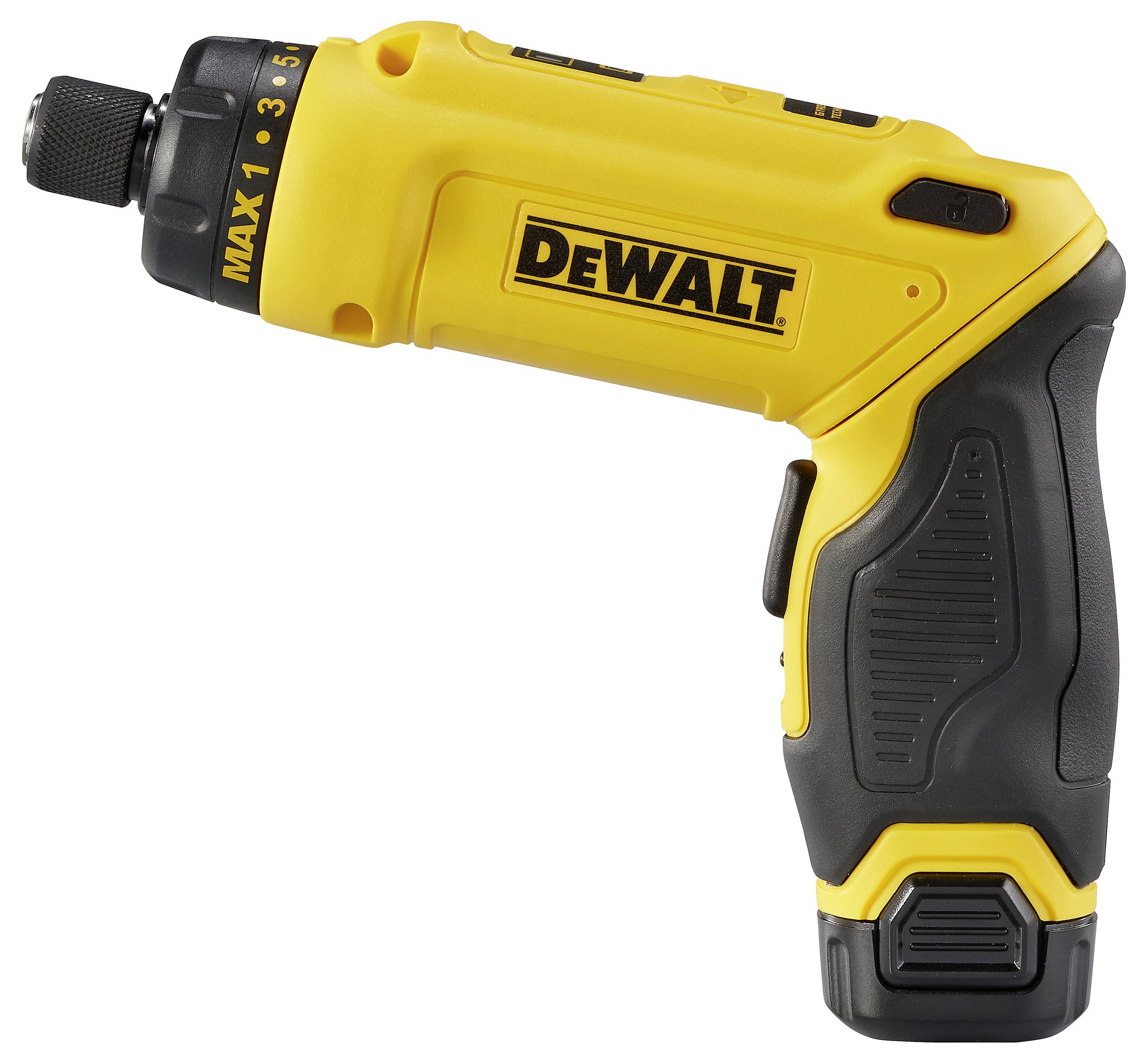 Ein gelber, akkubetriebener Schraubendreher von DeWalt mit ergonomischem Griff.