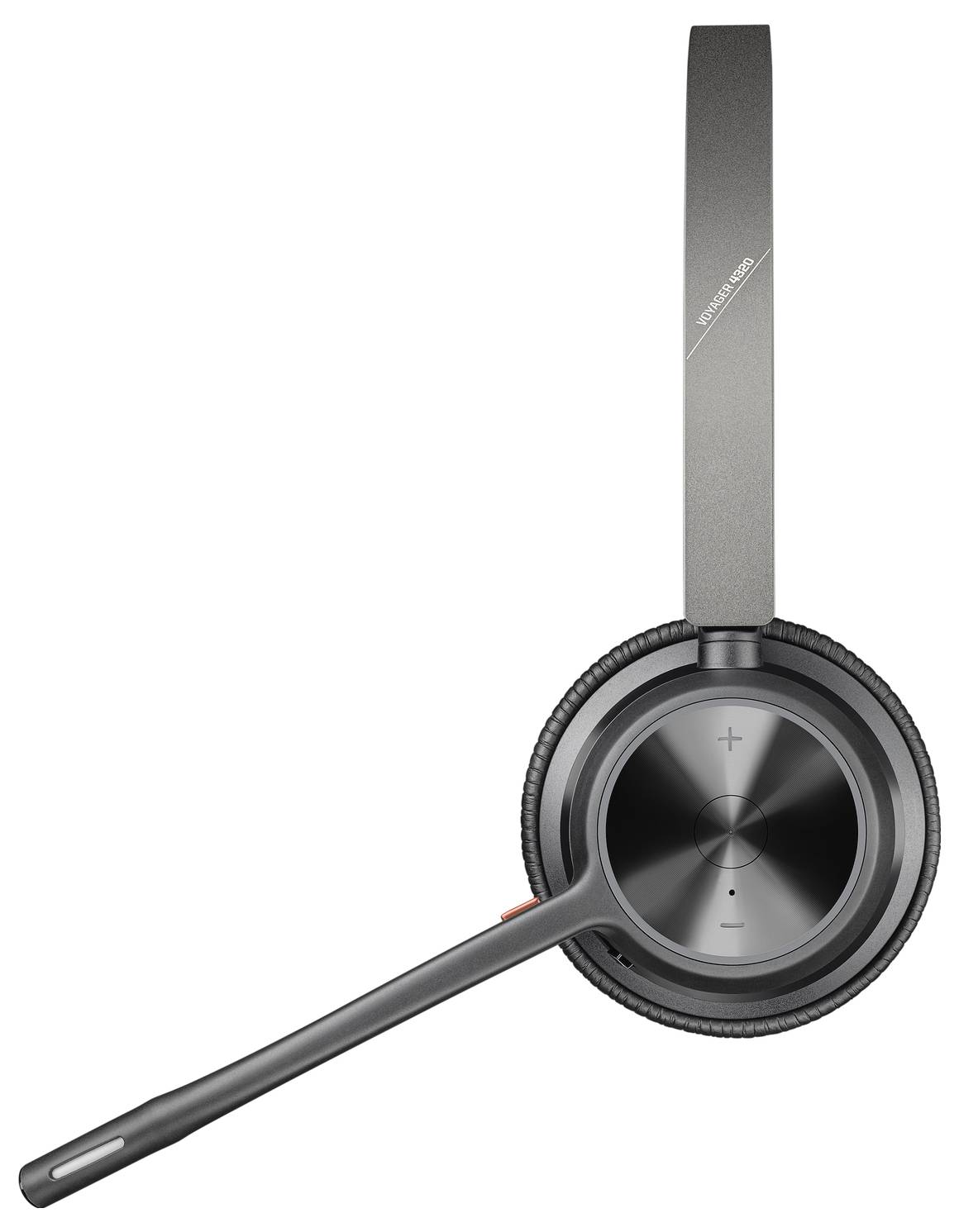 Ein kabelloses Headset mit Mikrofonarm an der linken Seite. Es hat ein elegantes, modernes Design und ist in dunkler Farbe gehalten.