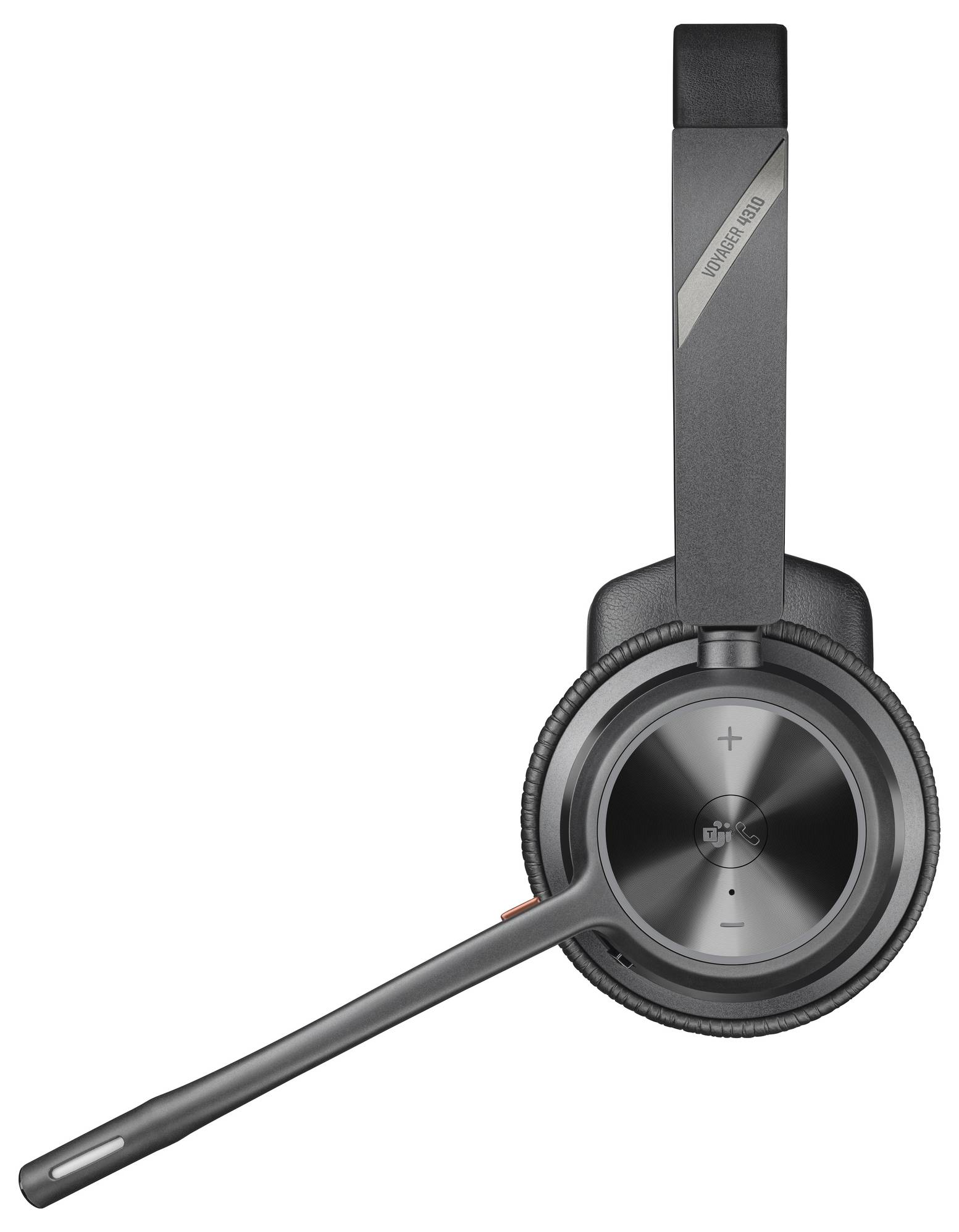 Schwarzes kabelloses Headset mit Mikrofonarm und Bedienelementen für Lautstärkeregelung. Designed für komfortable Anrufe.