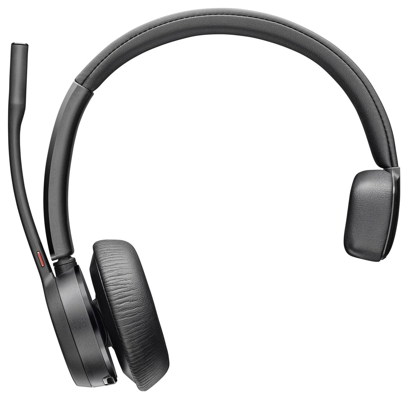 Schwarzes kabelloses Headset mit Mikrofonarm, von der Seite gesehen. Geeignet für Telefonkonferenzen und Musik.