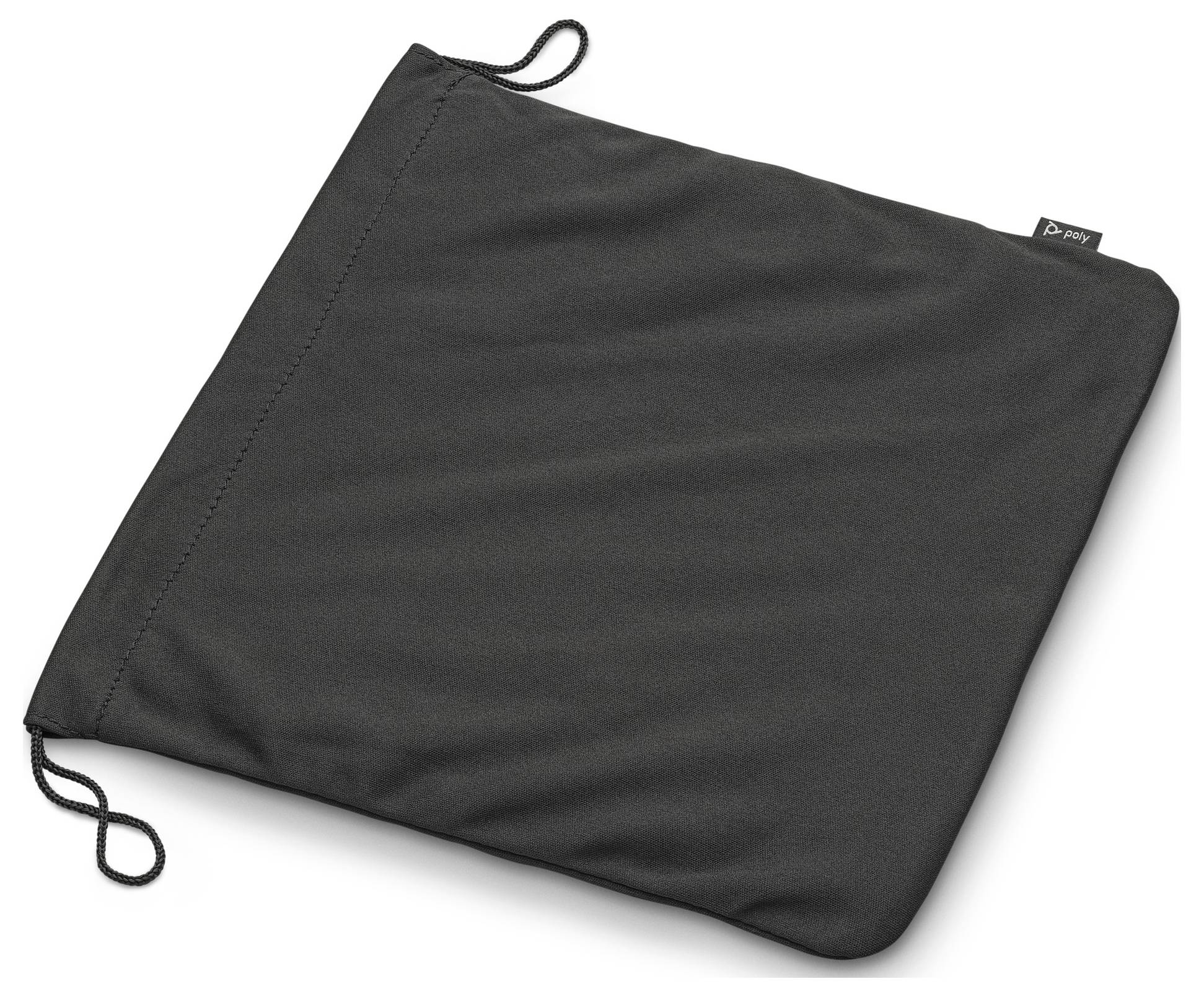 Schwarzer, quadratischer Stoffbeutel mit Kordelzug an den Ecken, auf einem neutralen Hintergrund.