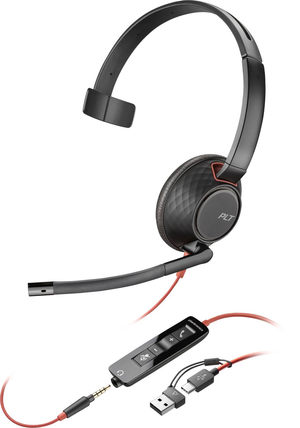 Ein einohriges Headset mit Mikrofon und Bedienelementen am Kabel, USB- und Audiostecker, geeignet für Telefonate und Musik.