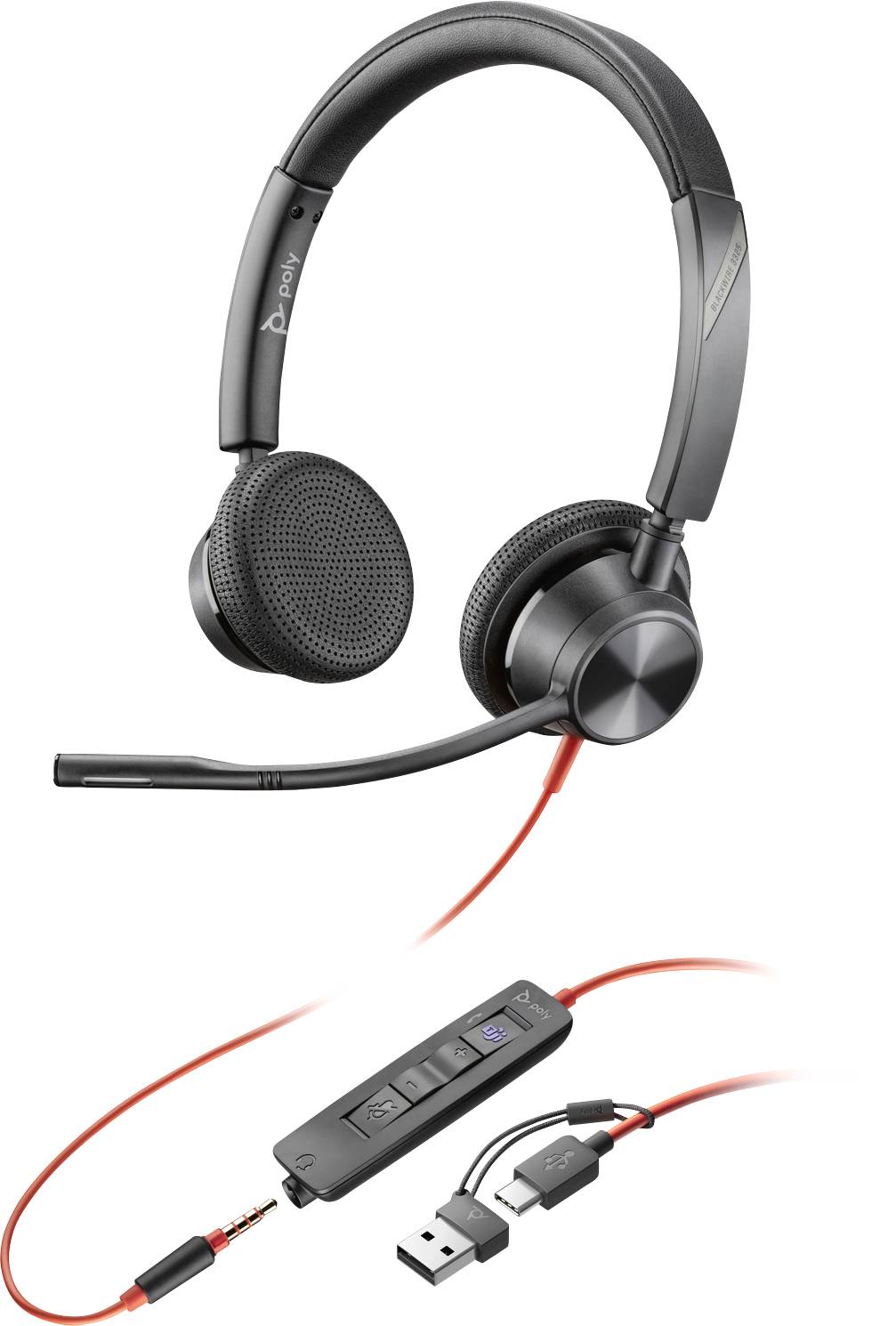 Schwarzes USB-Headset mit Mikrofonarm und Steuerungseinheit am Kabel, geeignet für Telefonkonferenzen und Computerkommunikation.