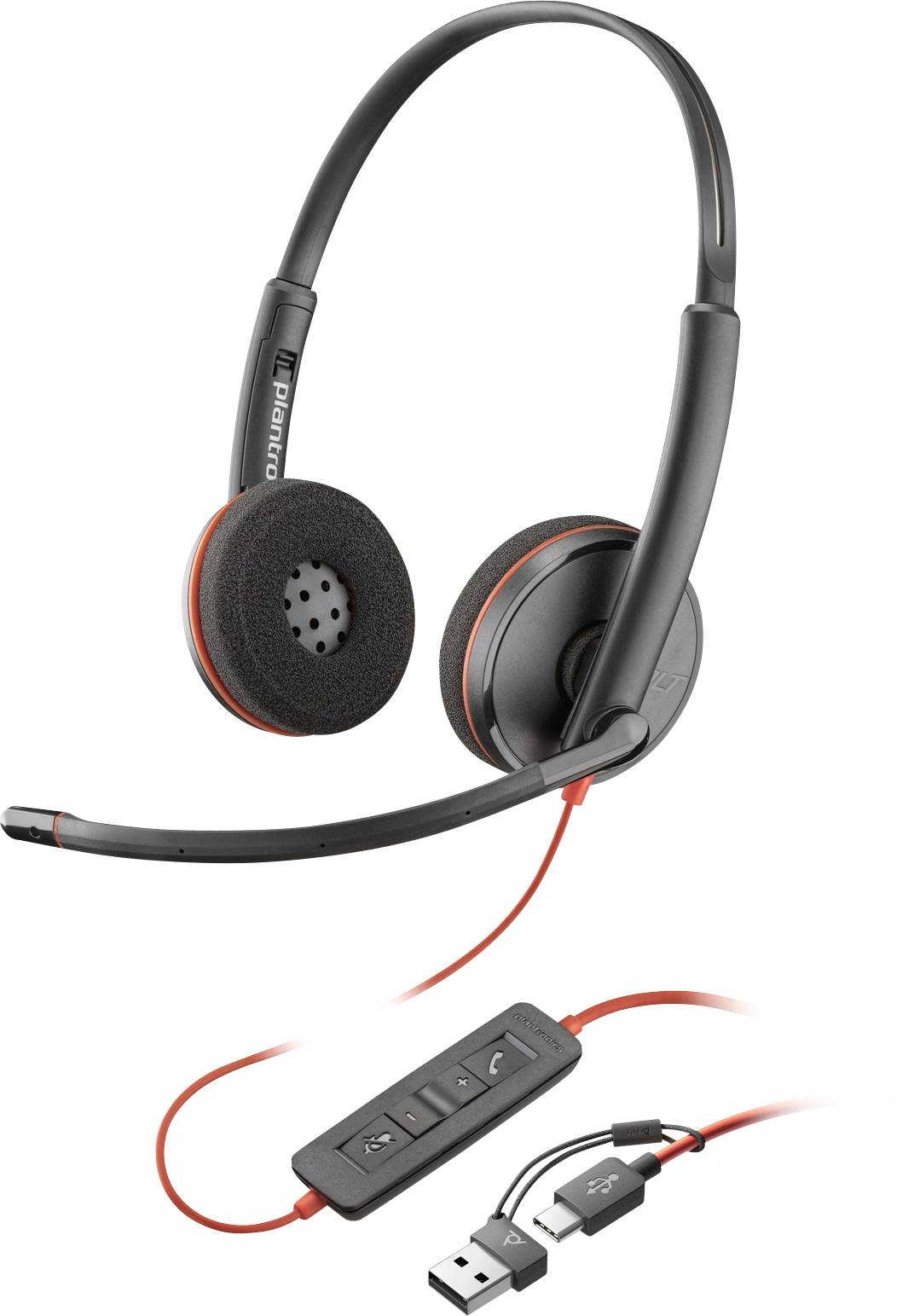 Schwarzes Headset mit rotem Kabel, Mikrofonarm und USB-Anschluss. Ideal für Telefonate oder Videokonferenzen mit klarer Audioqualität.