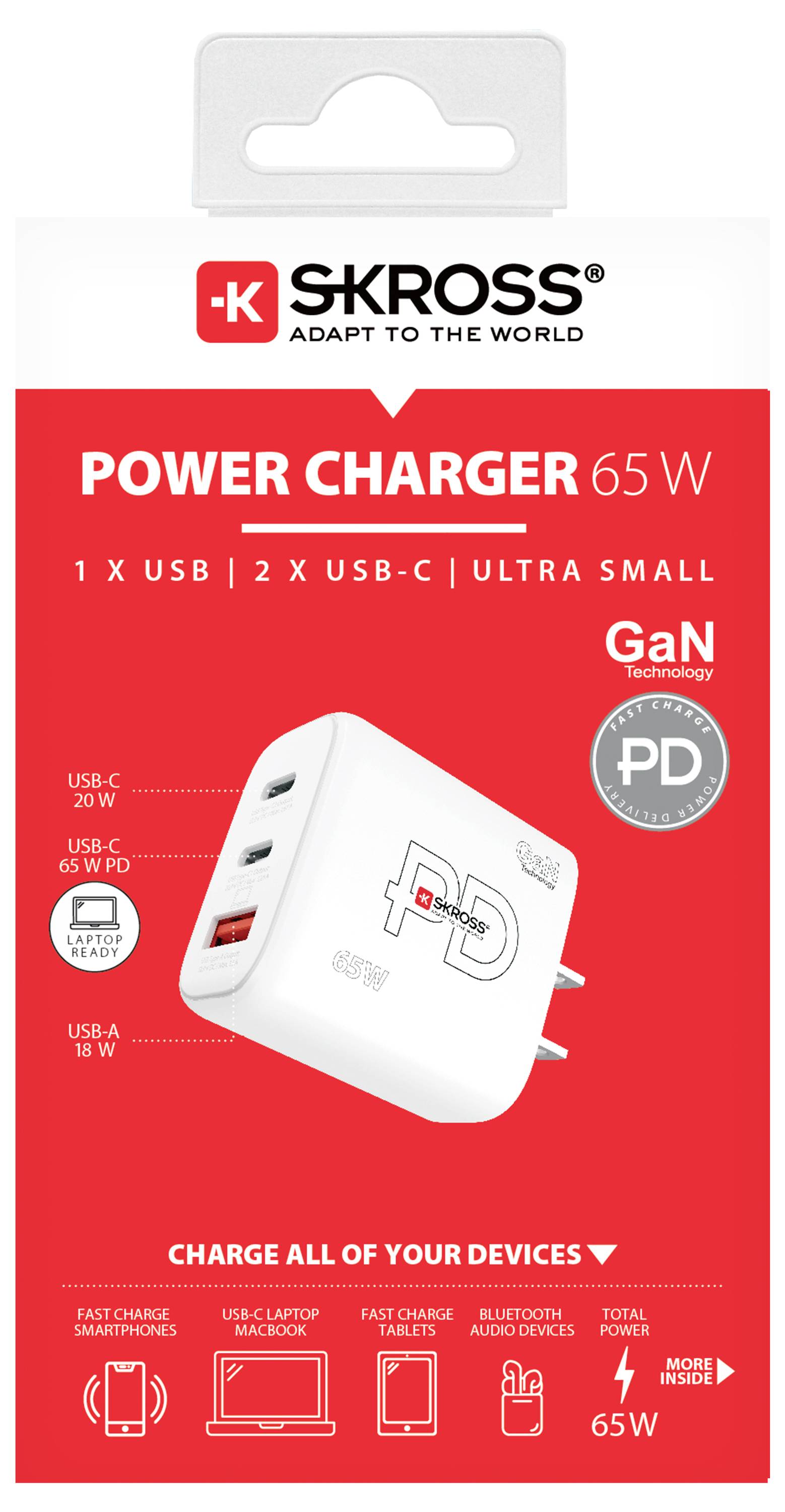 Skross Power Charger 65W PD GaN US USB Ladegerät 65W 1x USB-A, 2x USB-C® USB PD Weiß Innenbereich