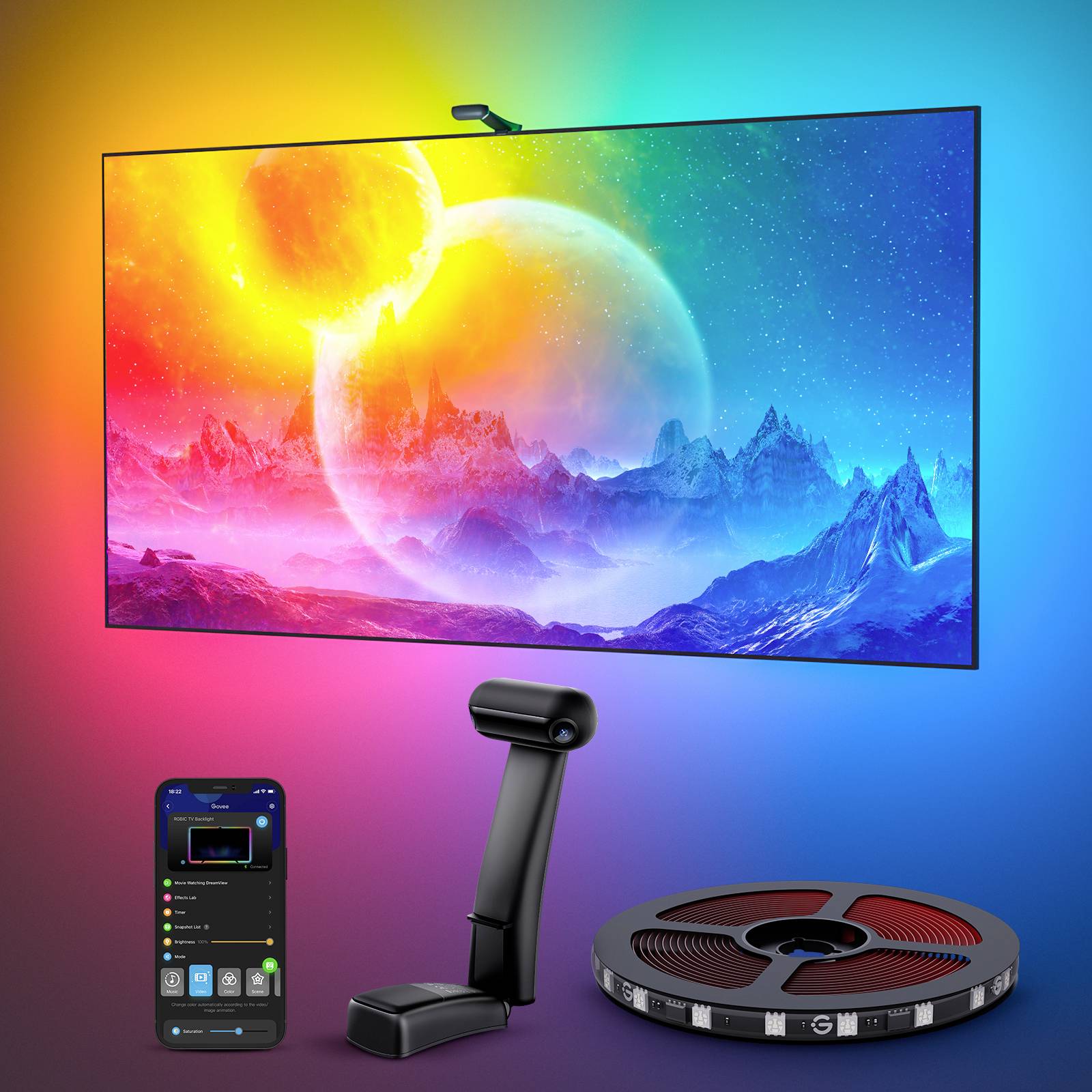 Govee Envisual TV Backlight T2 with Dual Cameras 55" - 65" H605C311 LED-Lichtleisten-Komplettset 12 V, 100 V, 240V RGB 1 Set