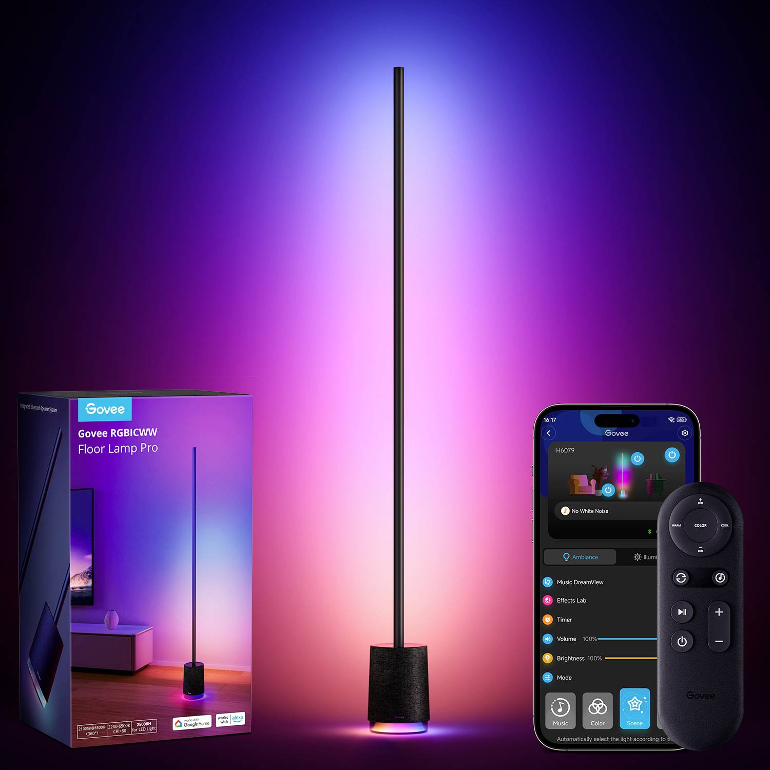 Eine Stehlampe mit mehreren Farboptionen daneben eine Smartphone-App zur Steuerung der Lampenbeleuchtung. Verpackung sichtbar.