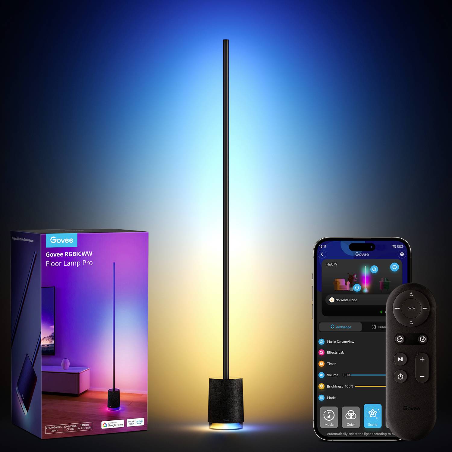 Stehlampe mit RGB-Beleuchtung, Smartphone-App zeigt Lichtsteuerung, Fernbedienung daneben. Verpackung links zeigt Produktabbildung.