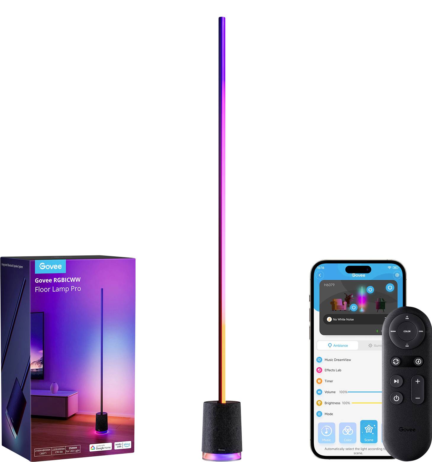 Eine Govee-Stehlampe mit RGBICWW-Beleuchtung steht neben einer Verpackung. Ein Smartphone zeigt die Steuerungs-App, daneben liegt eine Fernbedienung.