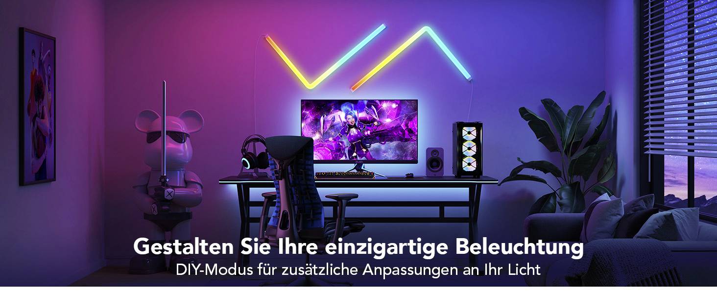 Computertisch mit bunt beleuchteten Monitoren und LED-Streifen. Text: Gestalten Sie Ihre einzigartige Beleuchtung. DIY-Modus verfügbar.