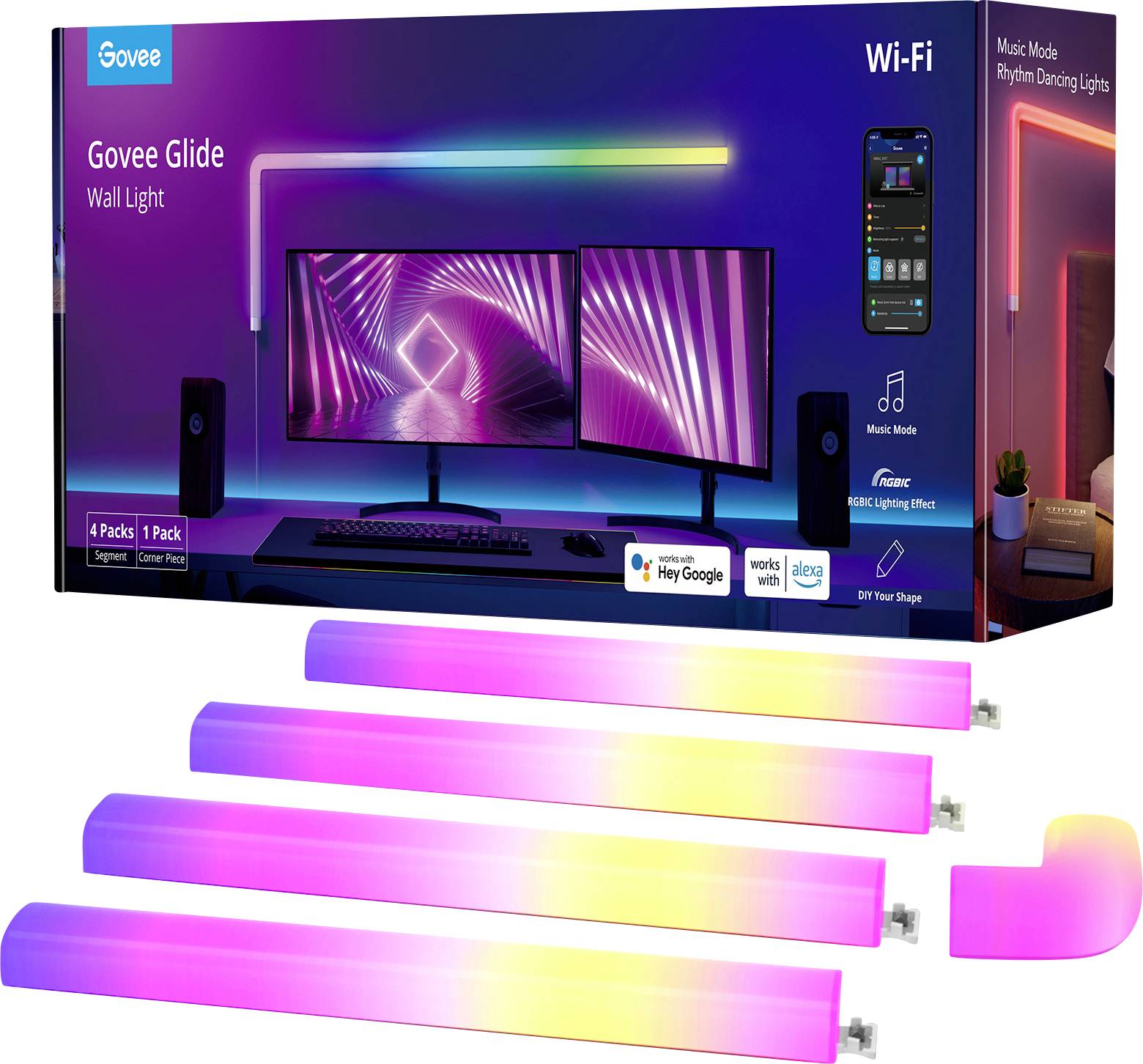 Verpackung der Govee Glide LED-Wandleuchten mit WLAN. Abgebildet ist eine computergesteuerte Lichtinstallation in bunten Farben.