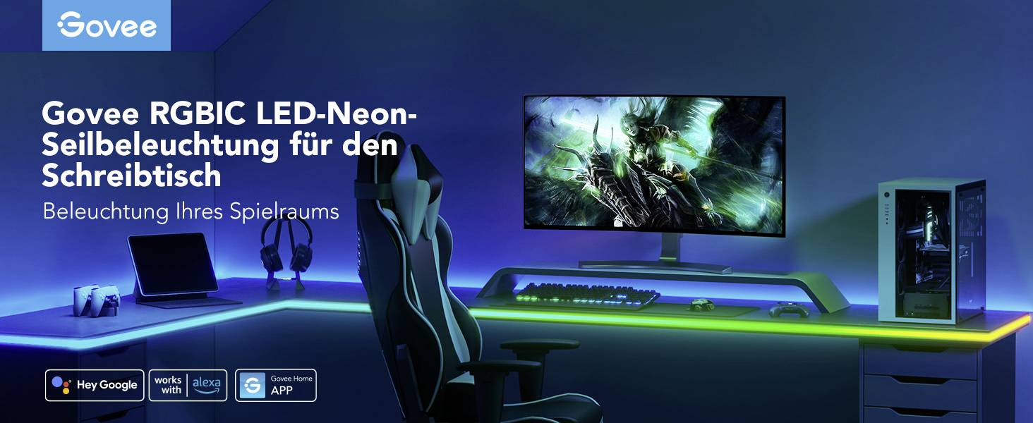 RGB-LED-Neon-Seilbeleuchtung am Schreibtisch mit Gaming-Stuhl und Monitor. Beleuchtung schafft lebendige Spielatmosphäre.