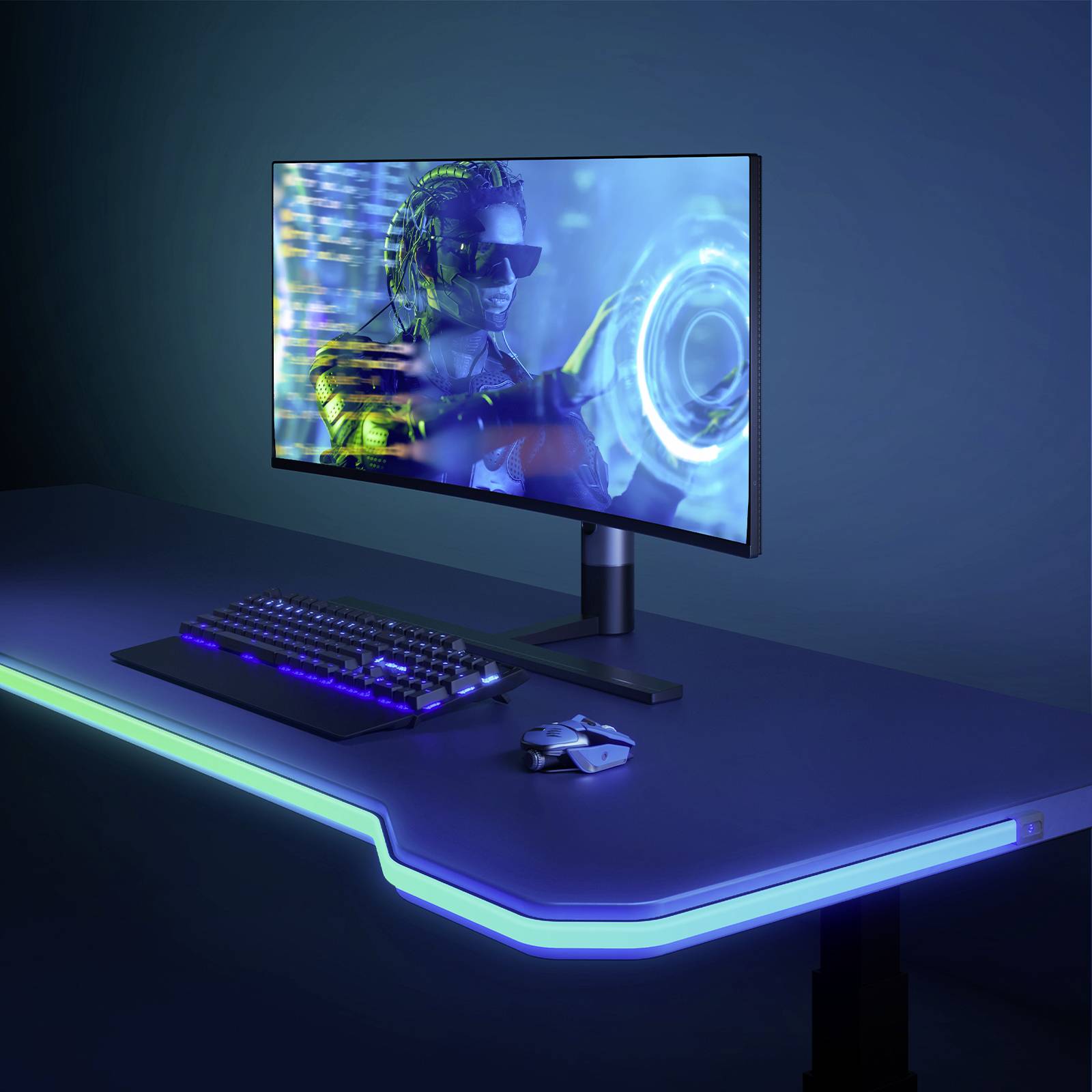Computer-Tisch mit blaugrüner LED-Beleuchtung. Auf dem Monitor ist ein Mensch mit Brille und Kopfhörern, umgeben von digitalen Effekten, zu sehen.