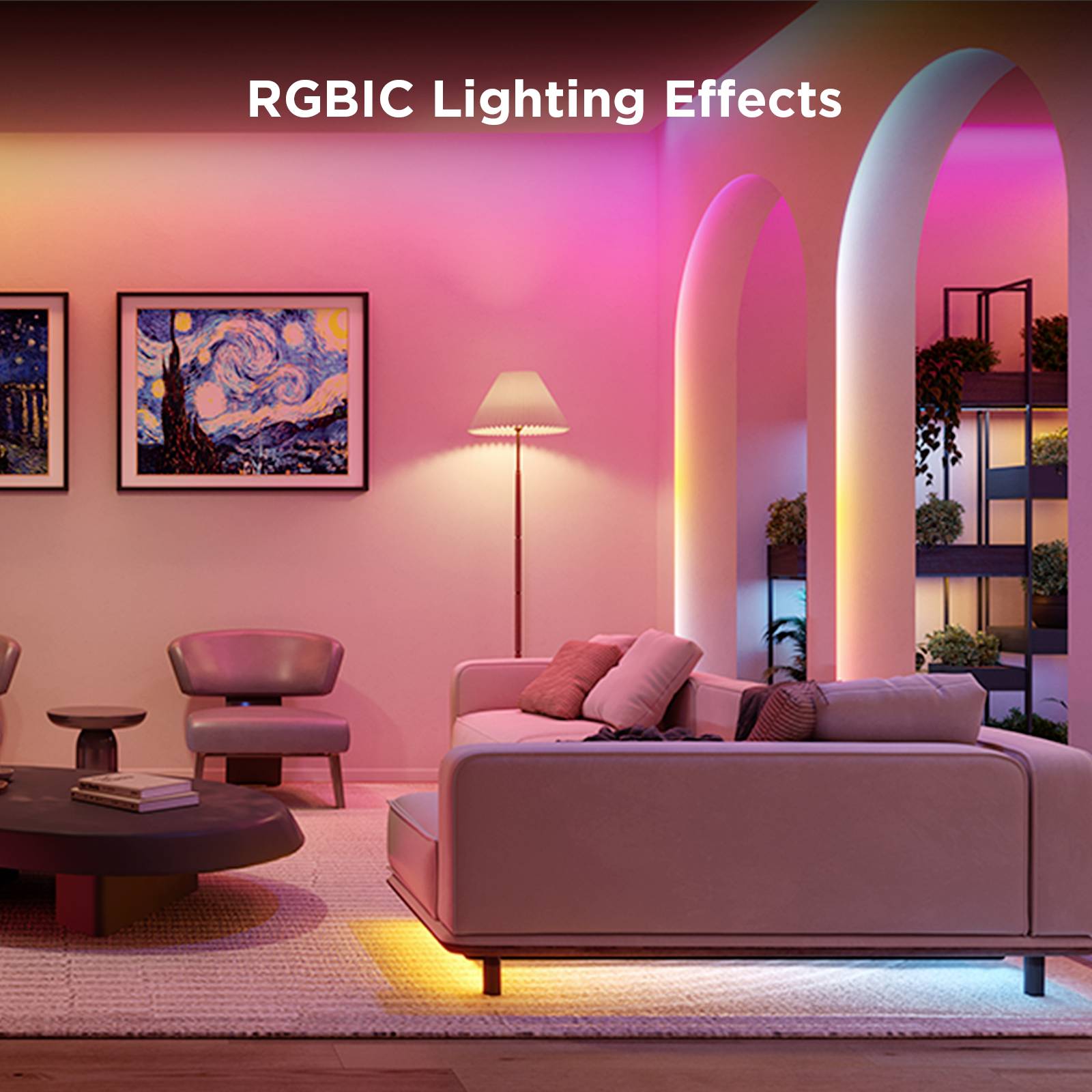 Ein Wohnzimmer mit bunten RGBIC-Lichteffekten beleuchtet. Ein Gemälde und eine Stehlampe ergänzen das moderne Ambiente.