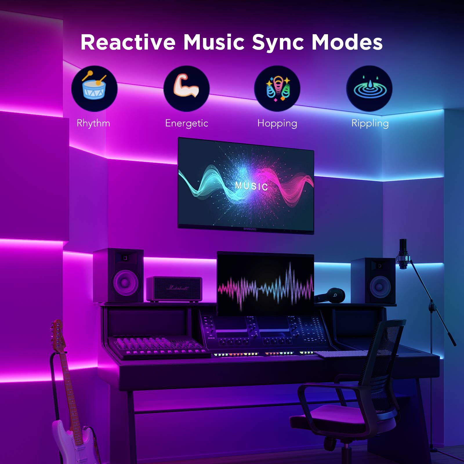 Tonstudio mit beleuchteten Wänden zeigt 'Reactive Music Sync Modes': Rhythm, Energetic, Hopping, Rippling. Moderne Ausrüstung sichtbar.