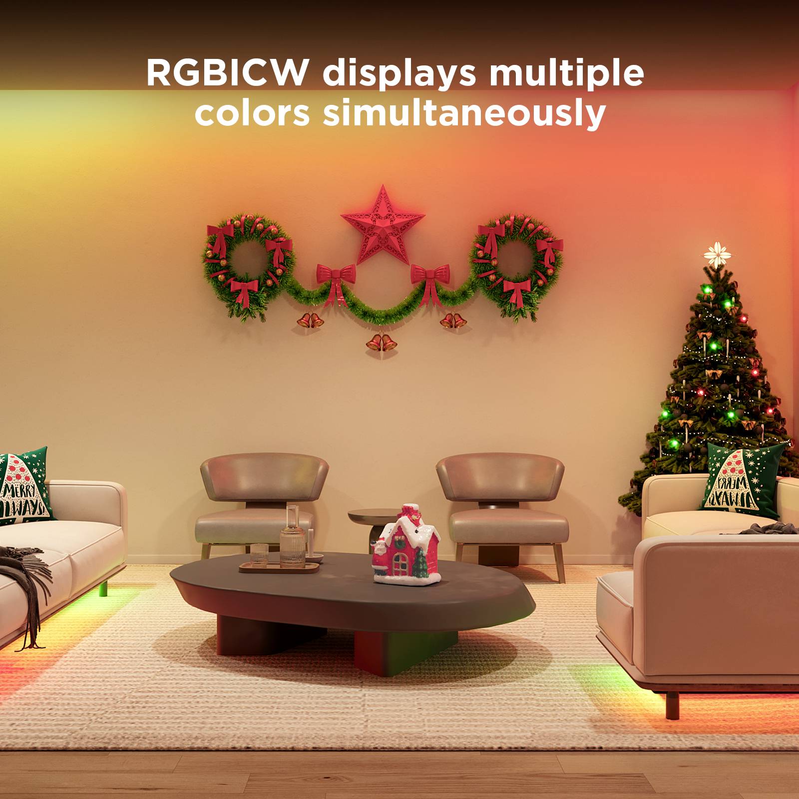 Ein Wohnzimmer mit Weihnachtsdekoration und mehreren Lichtfarben: grün, rot, gelb. Text oben: 'RGBICW displays multiple colors simultaneously'.