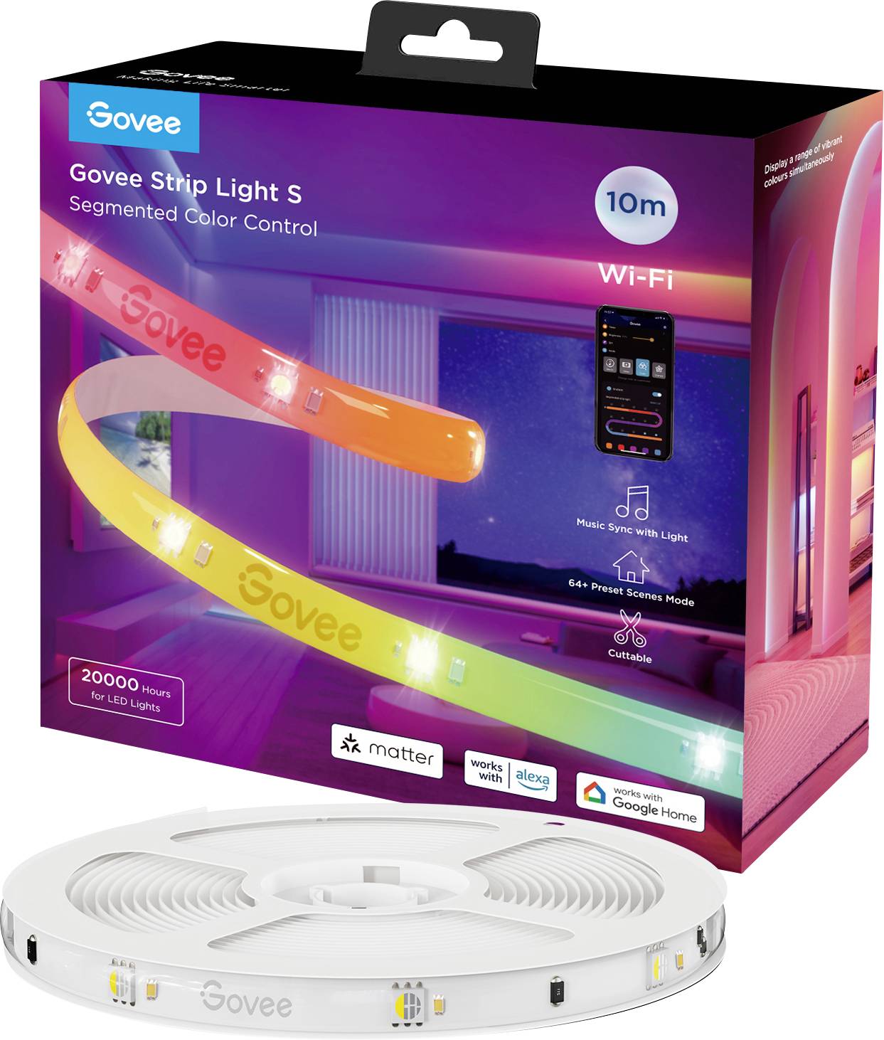 Govee LED-Lichtband, segmentierte Farbsteuerung über Wi-Fi, 10m Länge. Kompatibel mit Matter, Alexa und Google Home.