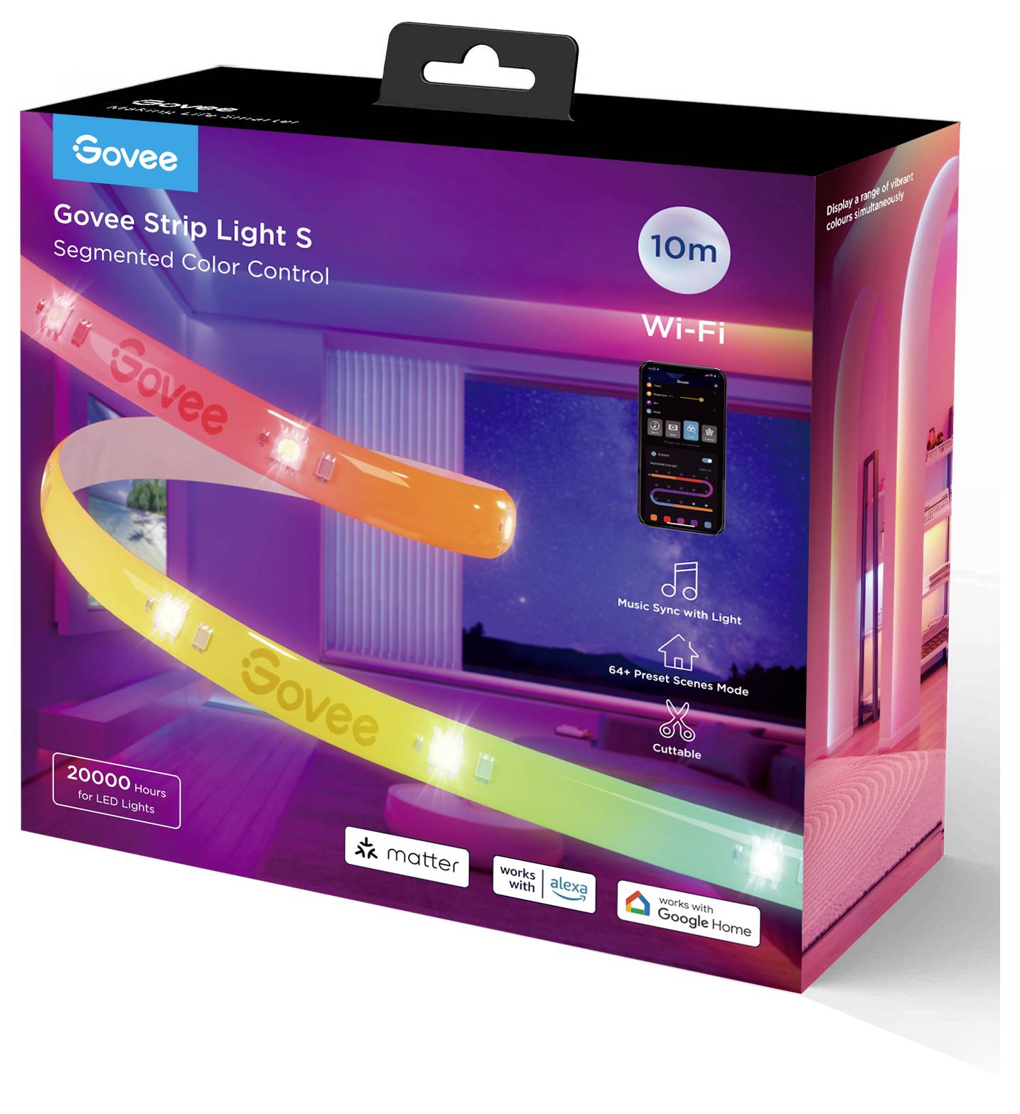 Verpackung eines Govee LED-Streifenlichts; zeigt mehrfarbige Lichter, Smartphone-App-Steuerung, Wi-Fi, 10m Länge.