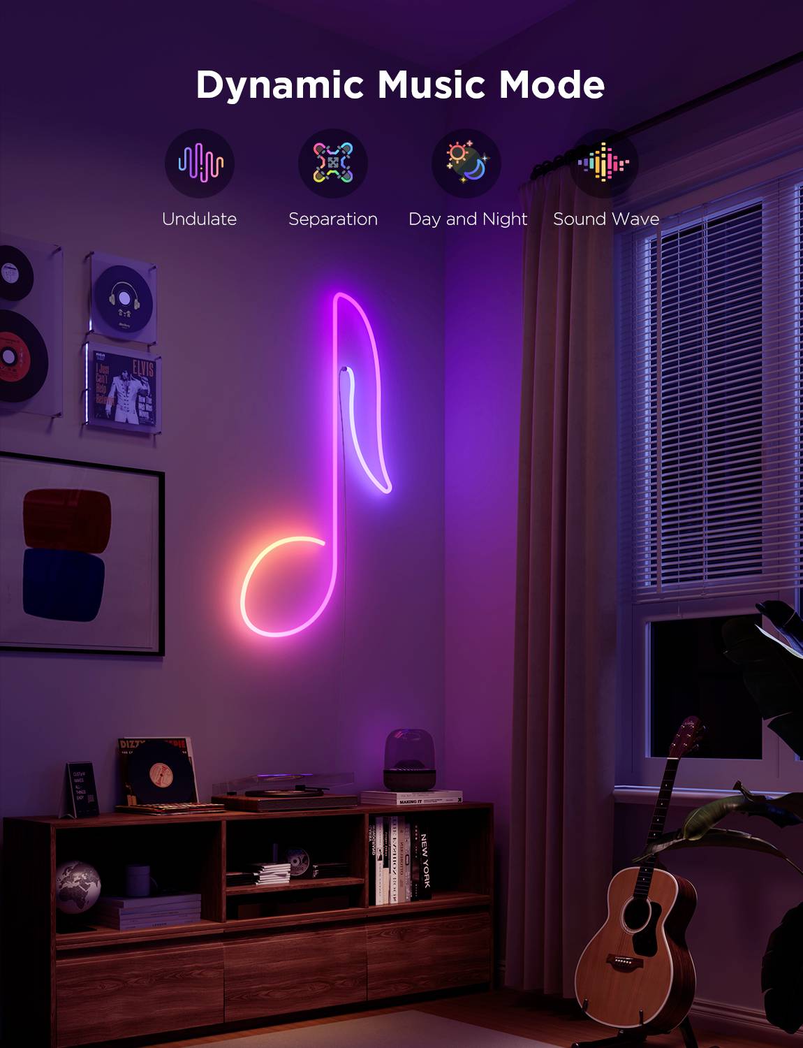 Ein Wohnzimmer mit einer neonfarbenen Musiknote an der Wand. Symbole zeigen verschiedene Musikmodi wie 'Undulate' und 'Sound Wave'.
